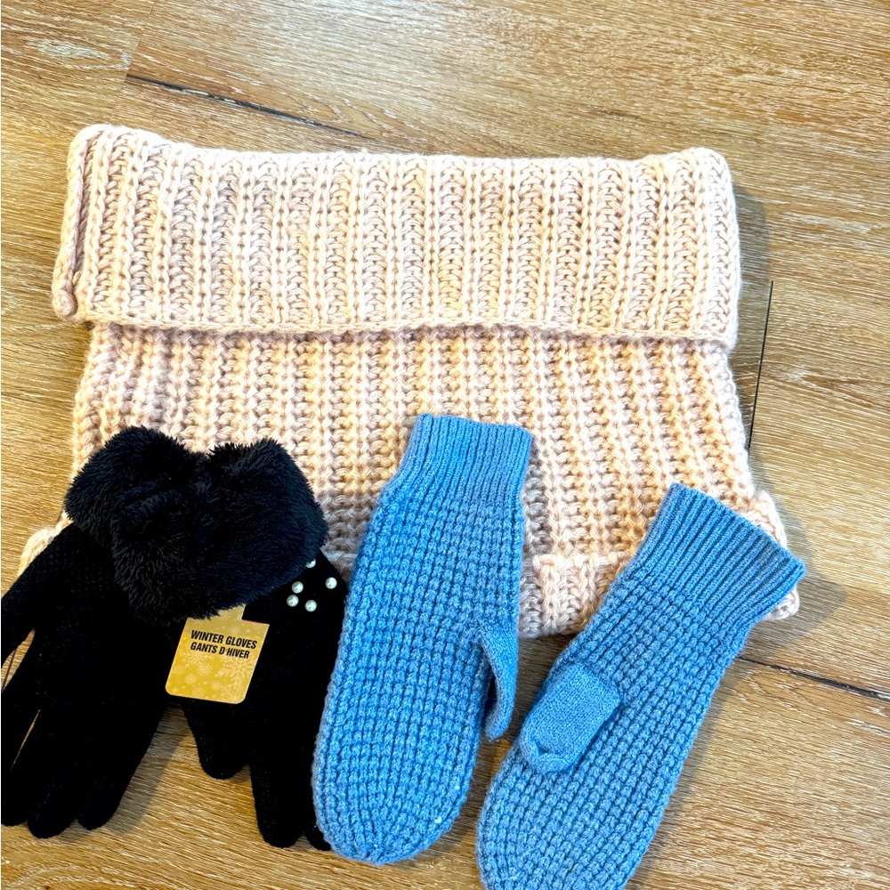 Pink Scarf Snoot with Blue Mittens and Black Gloves With Pearl Details